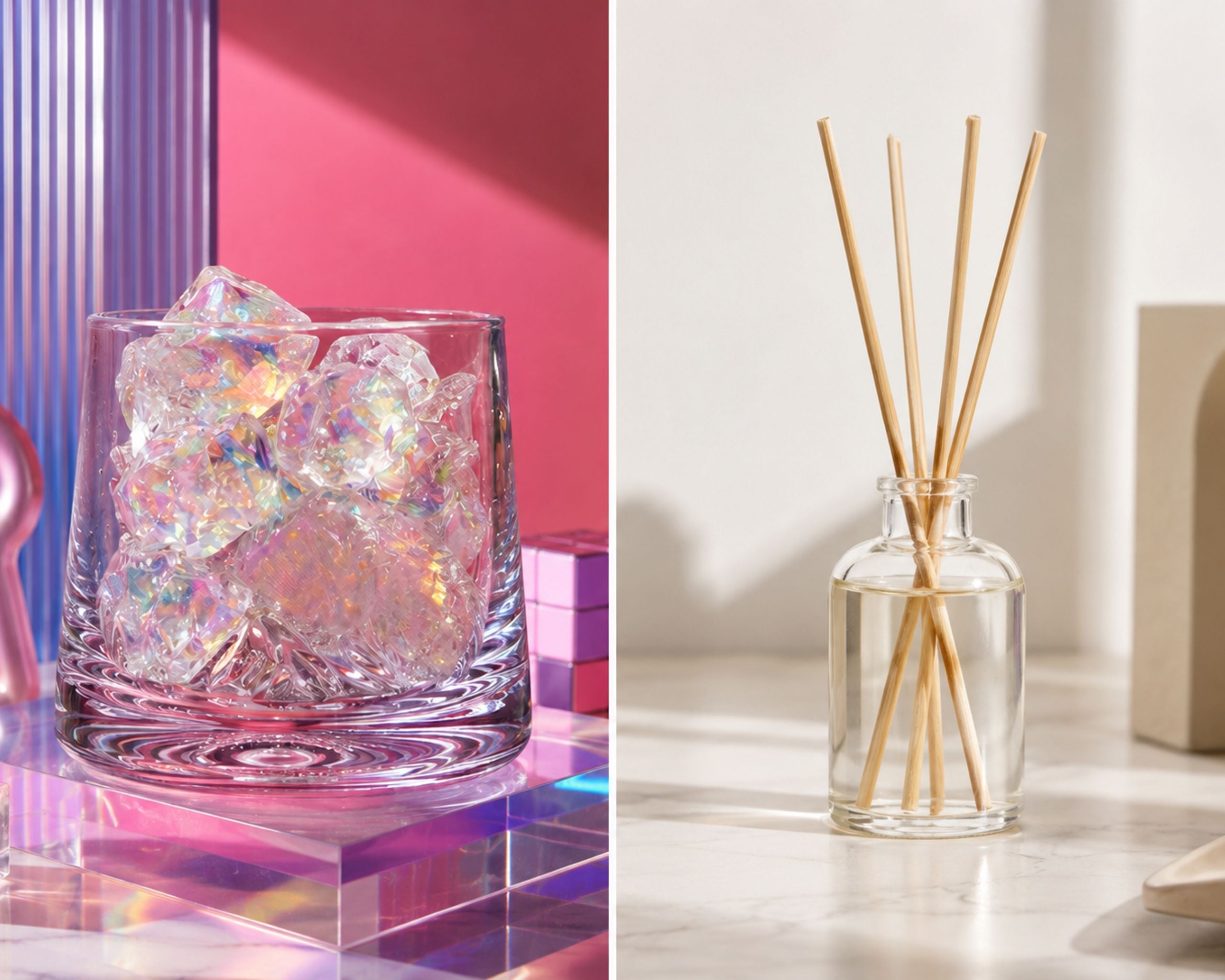 Crystal diffuser and reed diffuser on a table in a UK flat
