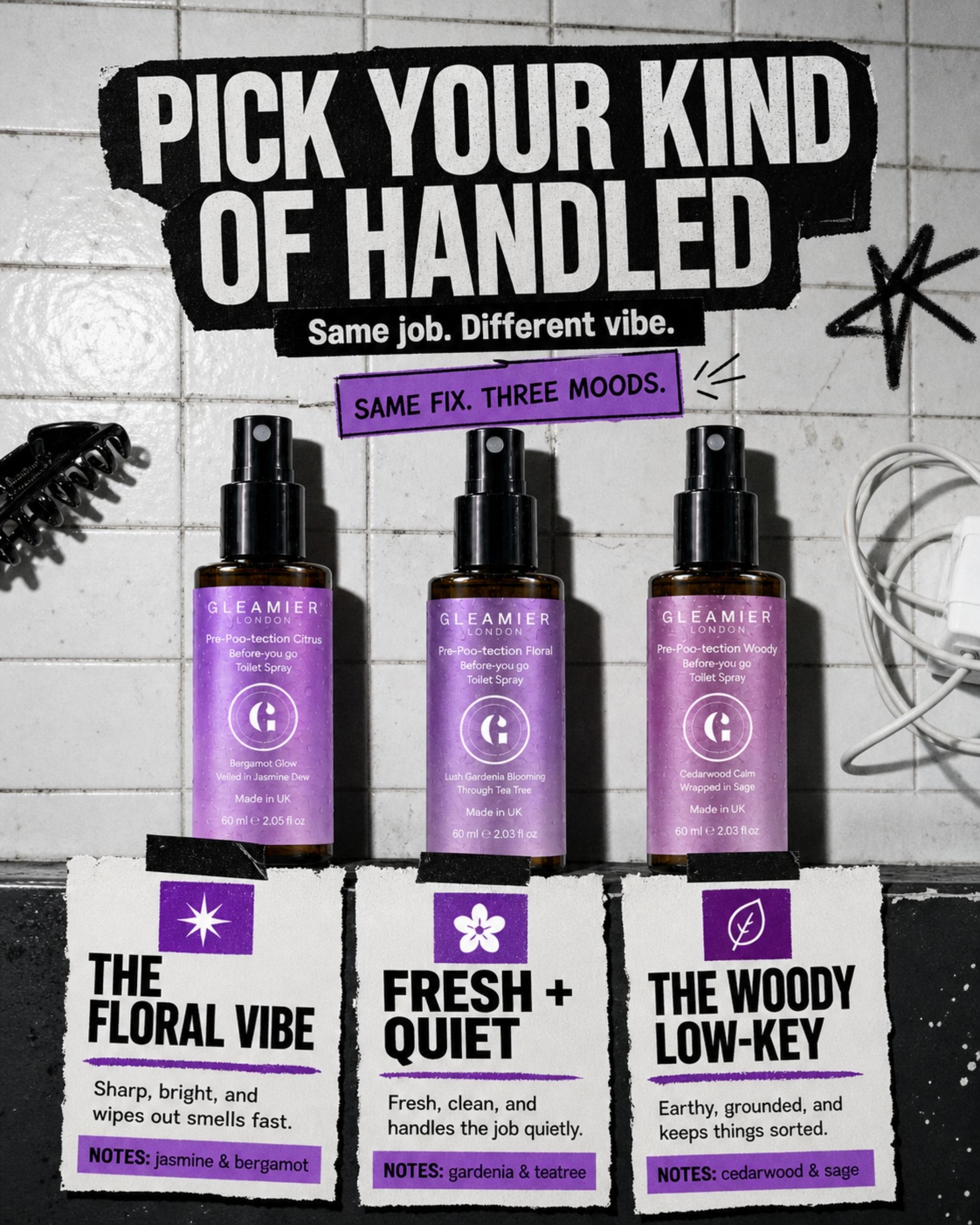 Gleamier London Before You Go Toilet Spray in three aromas
