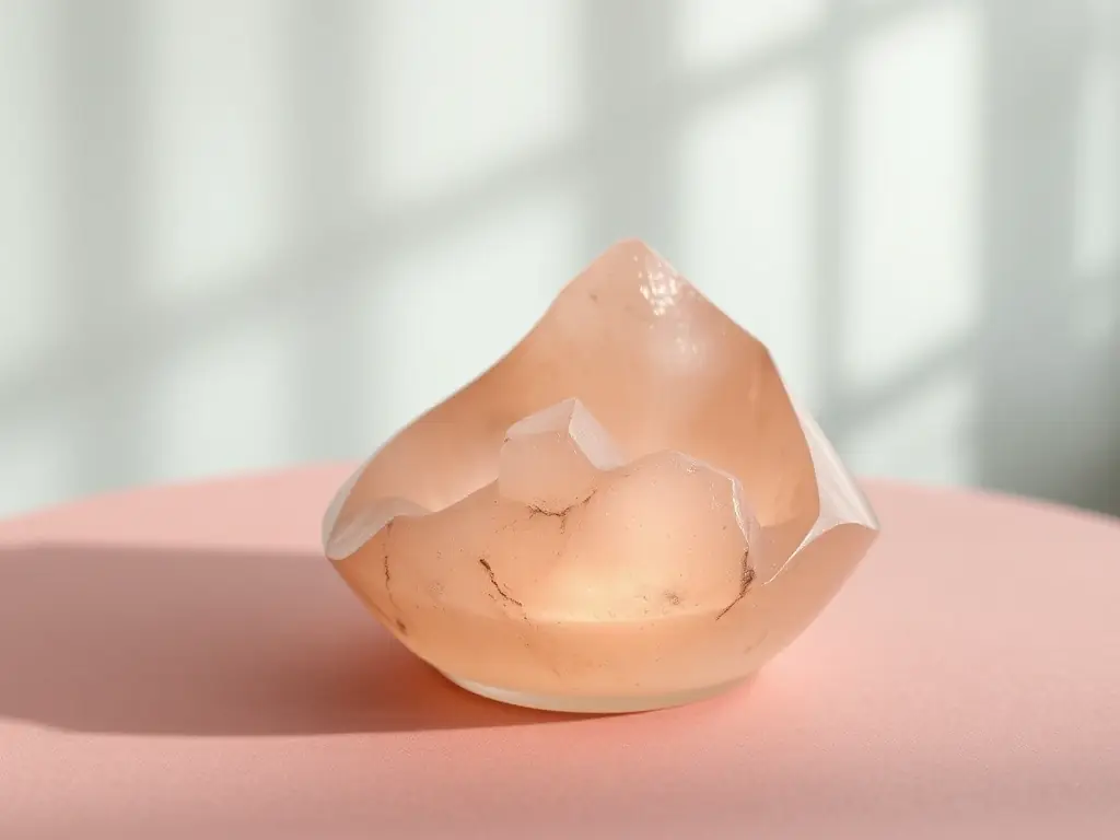A close-up shot of the Mountain Glass Diffuser, showcasing its elegant design and the soft, diffused light passing through the natural quartz. The diffuser is placed on a dusty pink surface, highlighting its unique shape and texture.