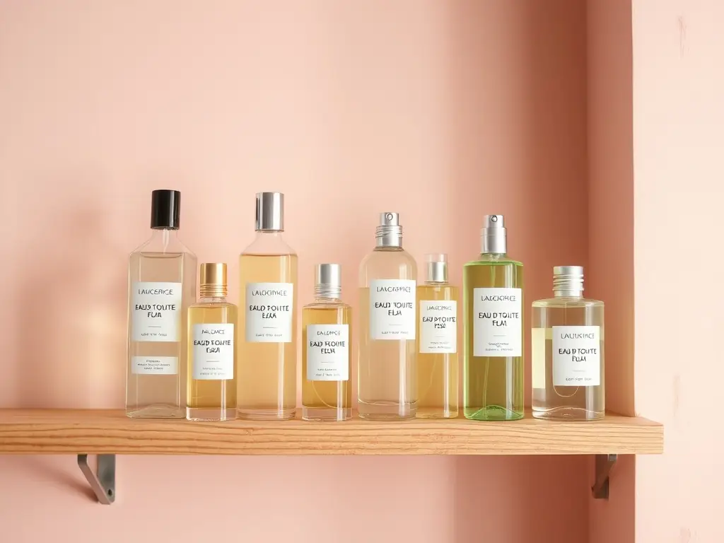 A collection of deodorant spray bottles in pastel colors, including Fresh Citrus, Floral Breeze, Ocean Mist, and Sweet Rose. The bottles are arranged on a clean, white surface, highlighting their sleek designs and refreshing scents.