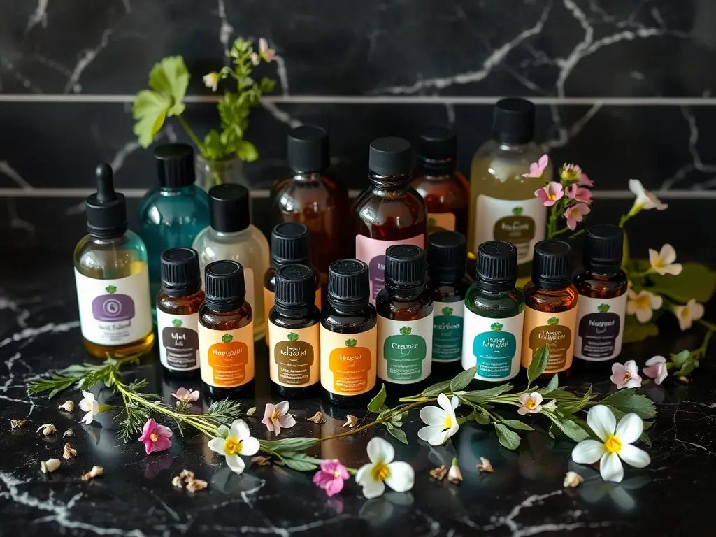 A beautifully arranged set of fragrance oil bottles, including Lavender Dream, Citrus Bliss, Vanilla Serenity, and Rose Petal Essence. The bottles are displayed on a soft, dusty pink cloth, emphasizing their vibrant colors and elegant labels.