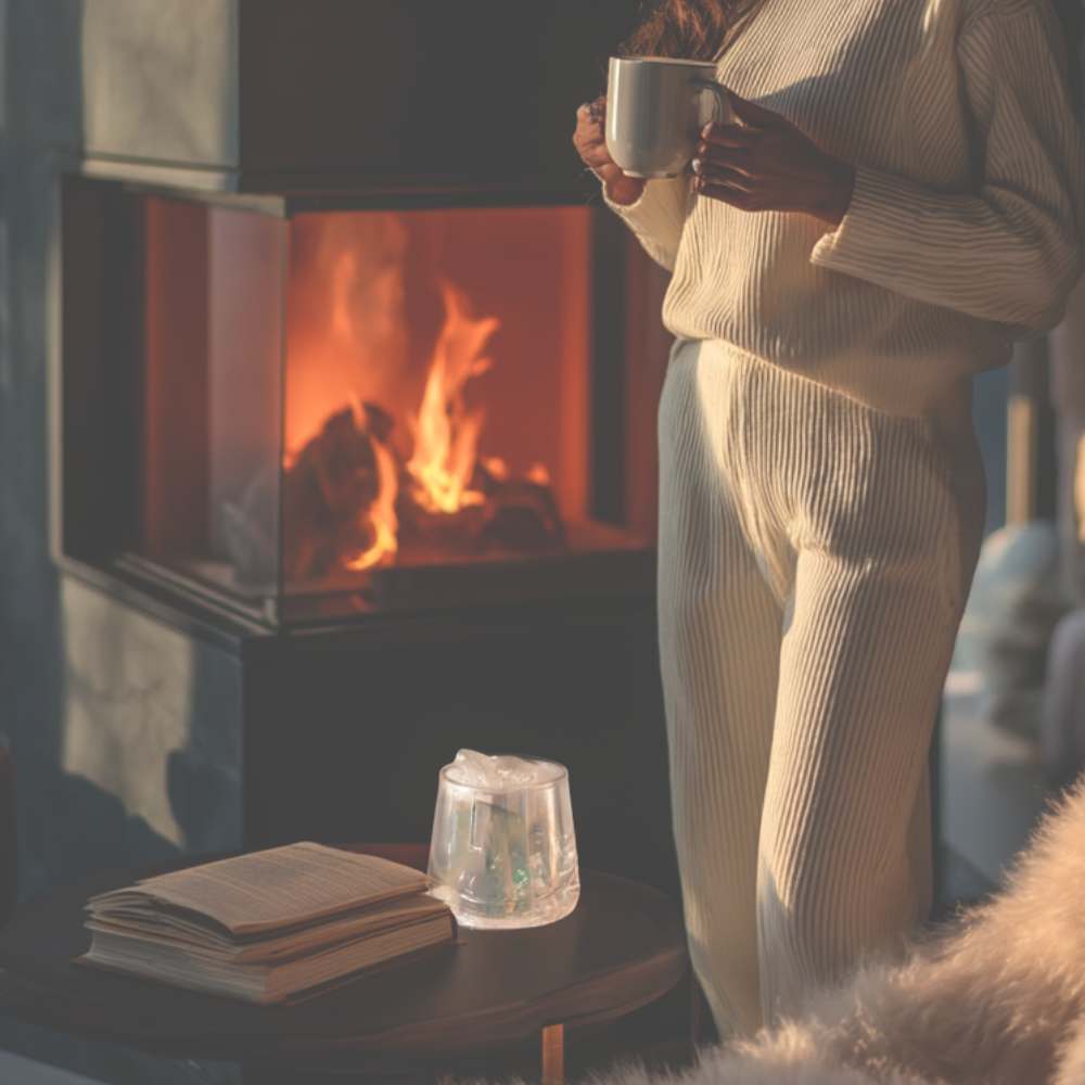 Scent diffuser with essential oil beside a book and firelight — an even, flame-free way to fill your space with comfort