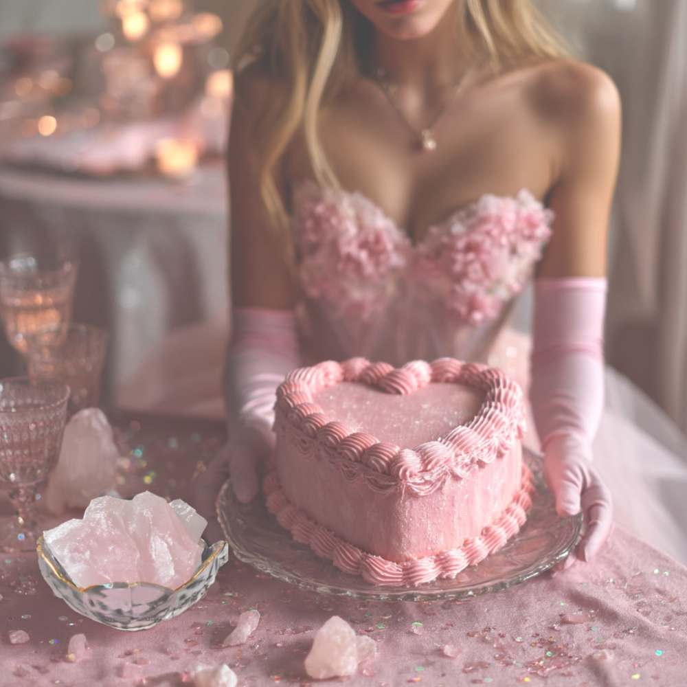 Gleamier crystal diffuser with rose quartz stones beside a sparkly pink celebration cake in soft-focus lighting.