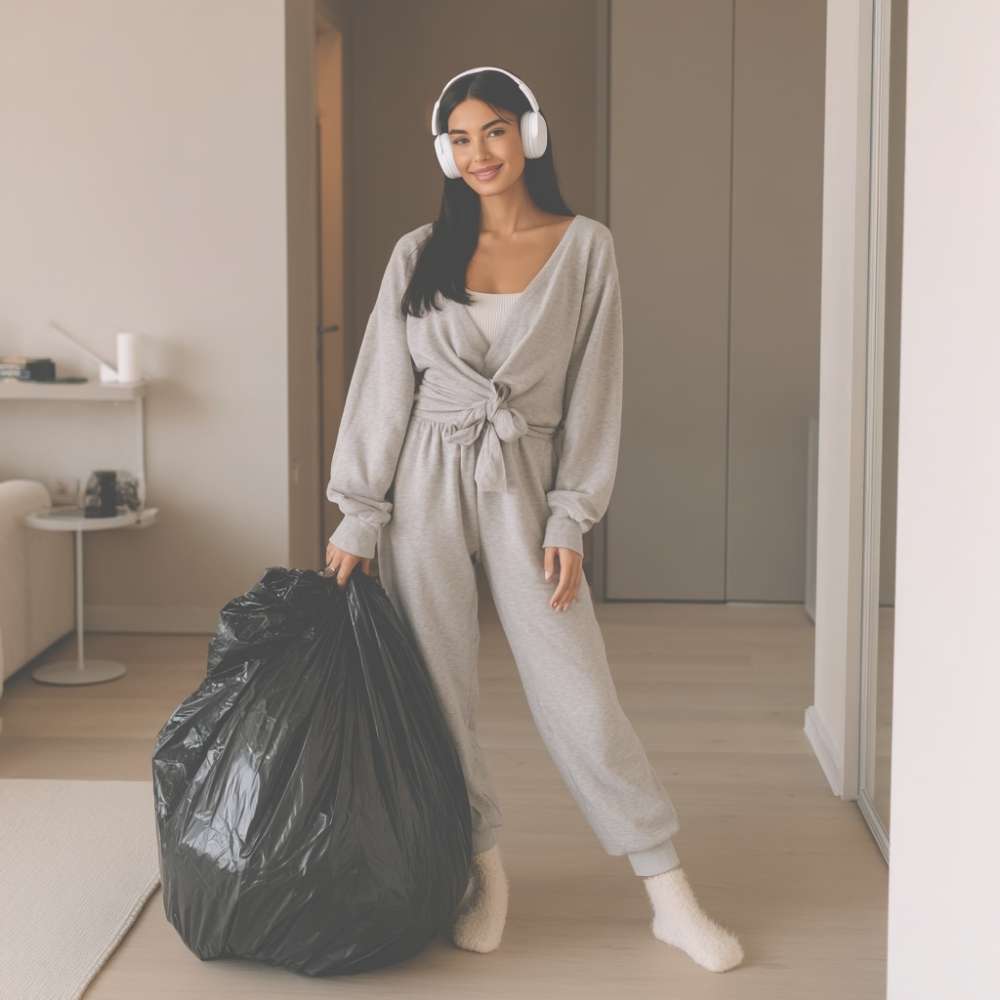 Smiling woman with headphones and a trash bag, highlighting the everyday ritual of bin cleaning with help from Gleamier’s bin deodoriser spray.