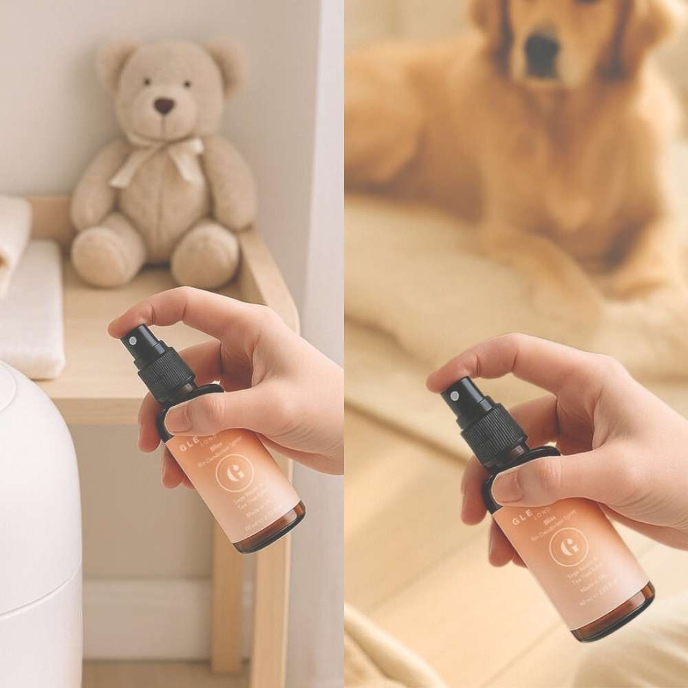 Using bin deodoriser spray near baby’s changing station and pet area, with gentle essential oils safe for nurseries and dogs
