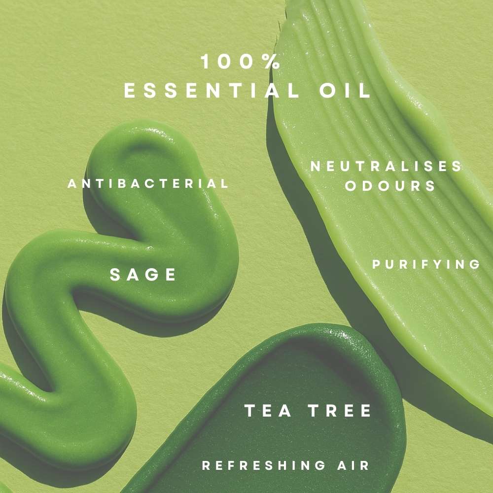 100% essential oil ingredients like tea tree and sage, highlighting the natural odour-neutralising and purifying benefits in Gleamier’s bin spray.