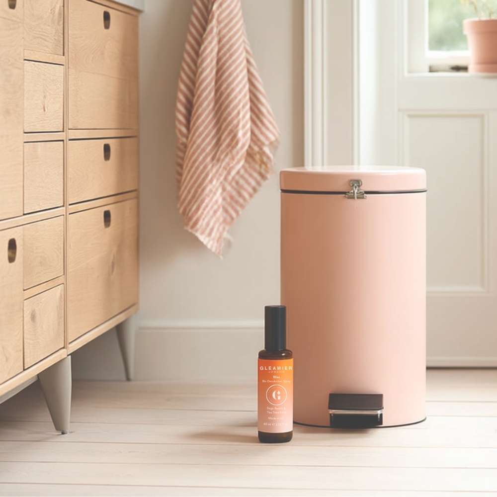 Eco-friendly bin deodoriser spray in a calming neutral bathroom setting — ideal for tackling lingering bin odours naturally.