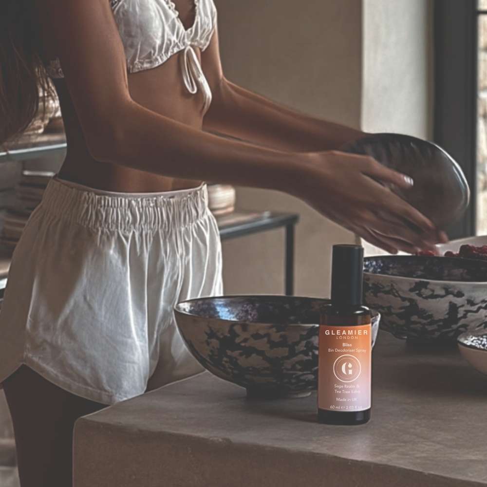 Natural bin spray in a sunlit kitchen setting, perfect for soft scent rituals that keep unwanted smells away all summer long.