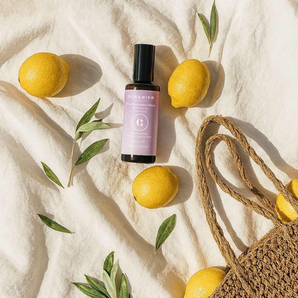 Flatlay of Gleamier citrus pre-poo spray beside a woven bag — a sunny, natural alternative to harsh toilet fresheners for wellness-minded homes.