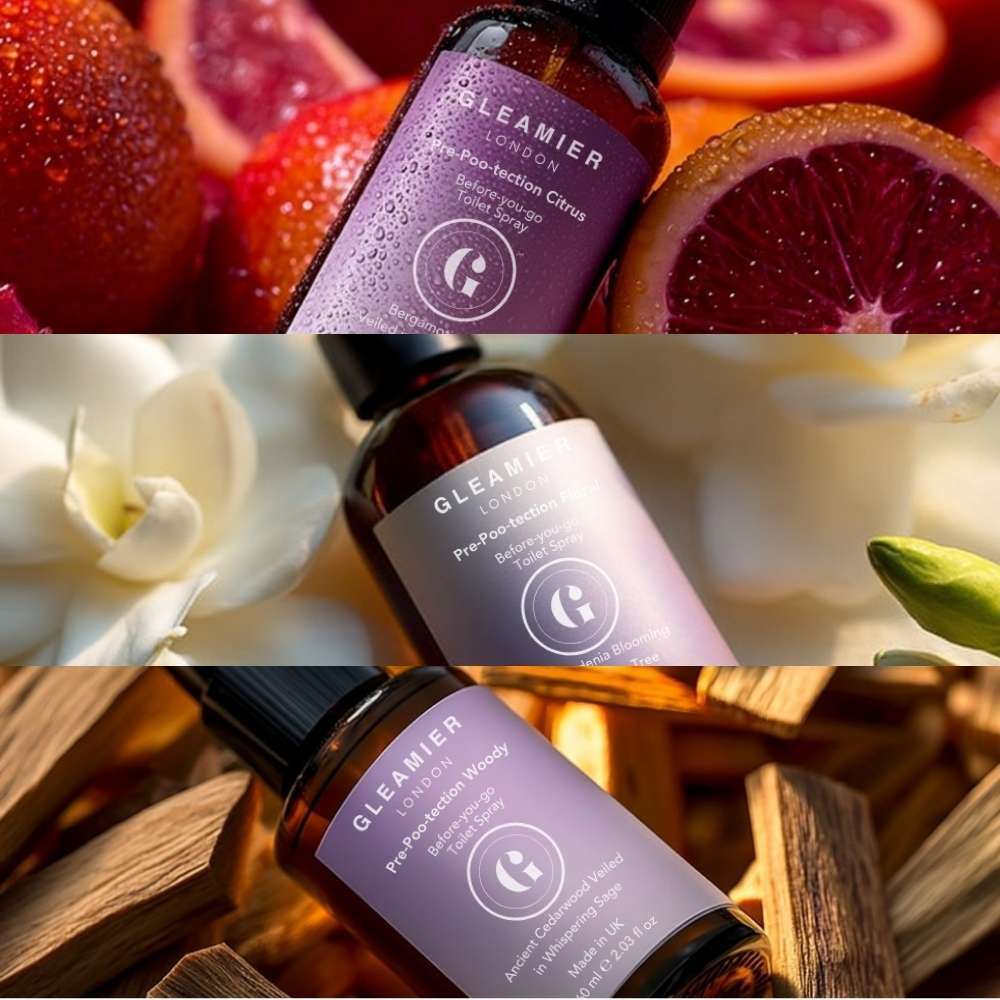 Gleamier Pre-Poo-Tection toilet spray in Citrus, Floral, and Woody scents — gentle, UK-made formulas with essential oils for daily odour protection.