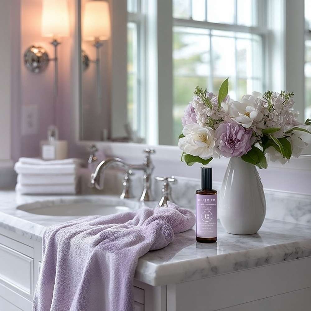 Gleamier Pre-Poo-Tection Floral toilet spray styled on a marble sink with lilac towel and fresh blooms — a soft, daily bathroom ritual.