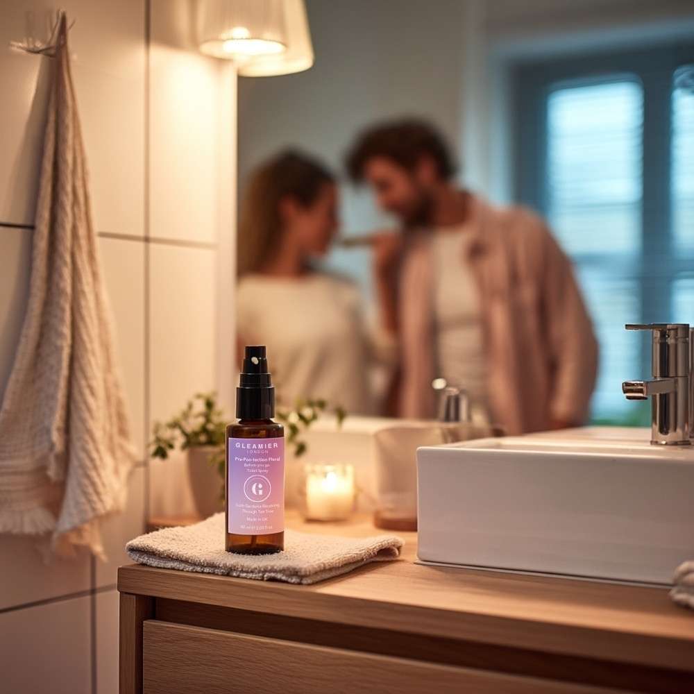Before-you-go toilet spray styled in romantic evening bathroom scene, perfect for couples or shared spaces — elegant odour prevention in focus.