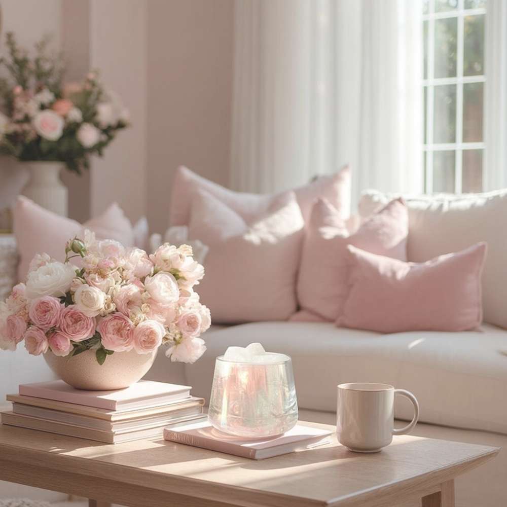 Crystal diffuser and soft blush florals in a sunlit living room — a thoughtful self-care gift with aromatherapy and intention