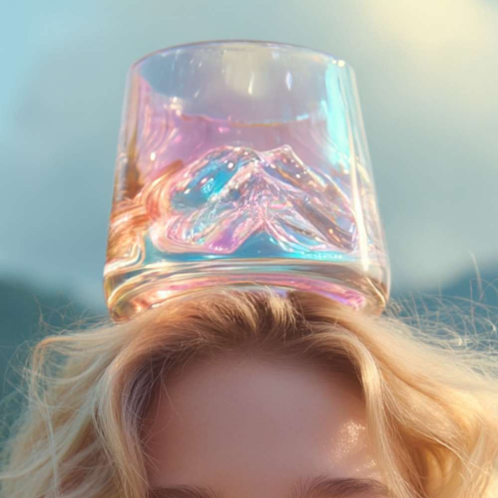 Aesthetic crystal diffuser glowing in soft daylight atop a blonde woman’s head – scent meets softness without power or cords