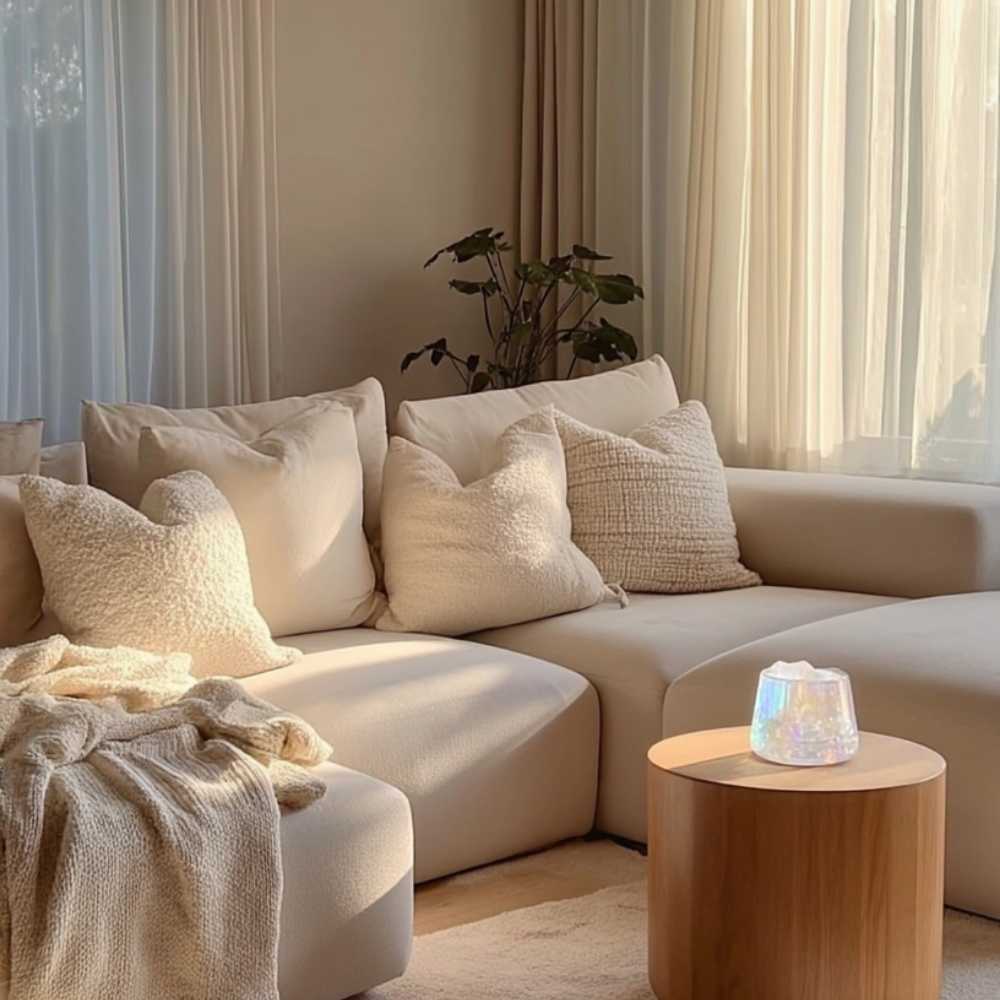 Cosy home corner featuring soft beige cushions and a glowing stone diffuser by the window.