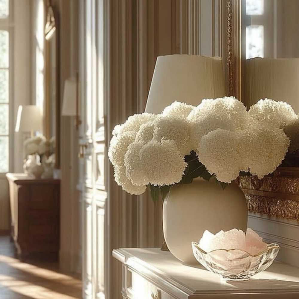 Elegant hallway with hydrangea bouquet and rose quartz stone diffuser on a white console table.
