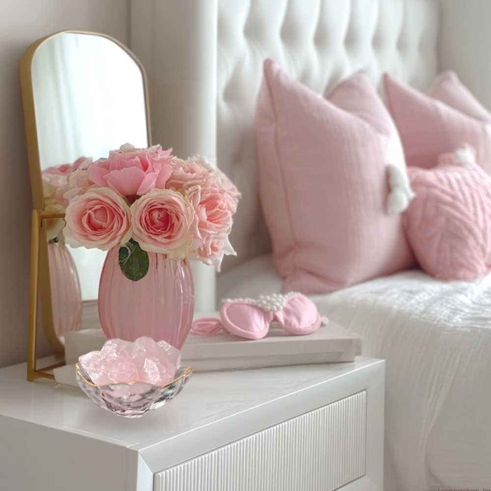 Pink rose quartz stone diffuser on white bedside table in a soft, feminine bedroom.