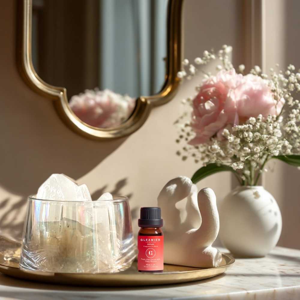 Natural stone diffuser set with Gleamier oil for a luxury scent ritual.